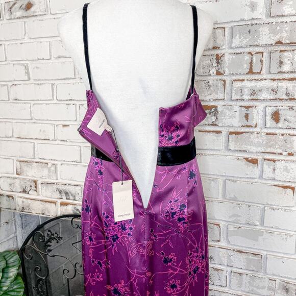 Cinq a Sept Lara Raspberry Multi Floral Silk Ruffle Purple V-neck Midi Dress - Picture 11 of 11